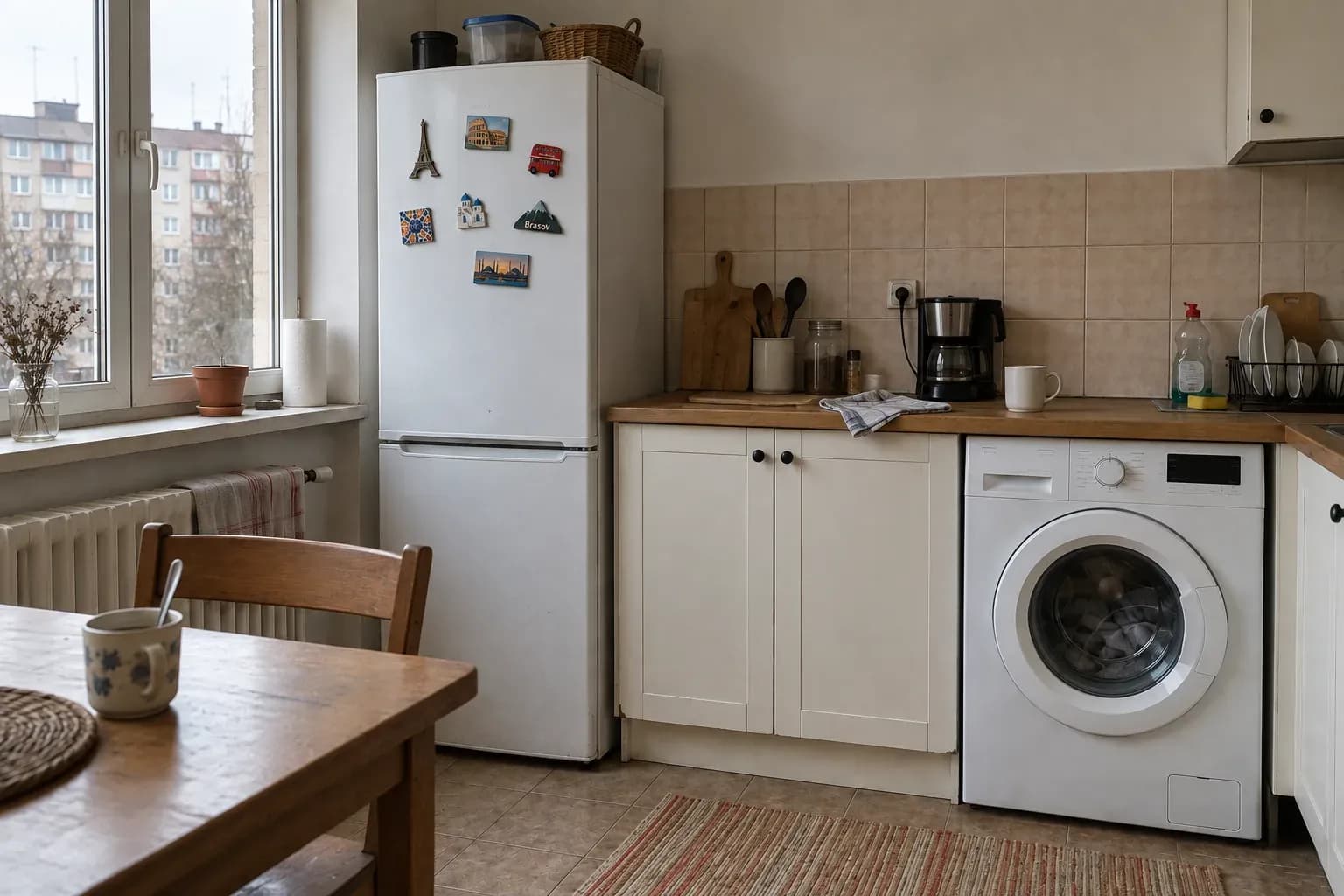 Bucatarie de apartament cu frigider, magneti de calatorie si masina de spalat