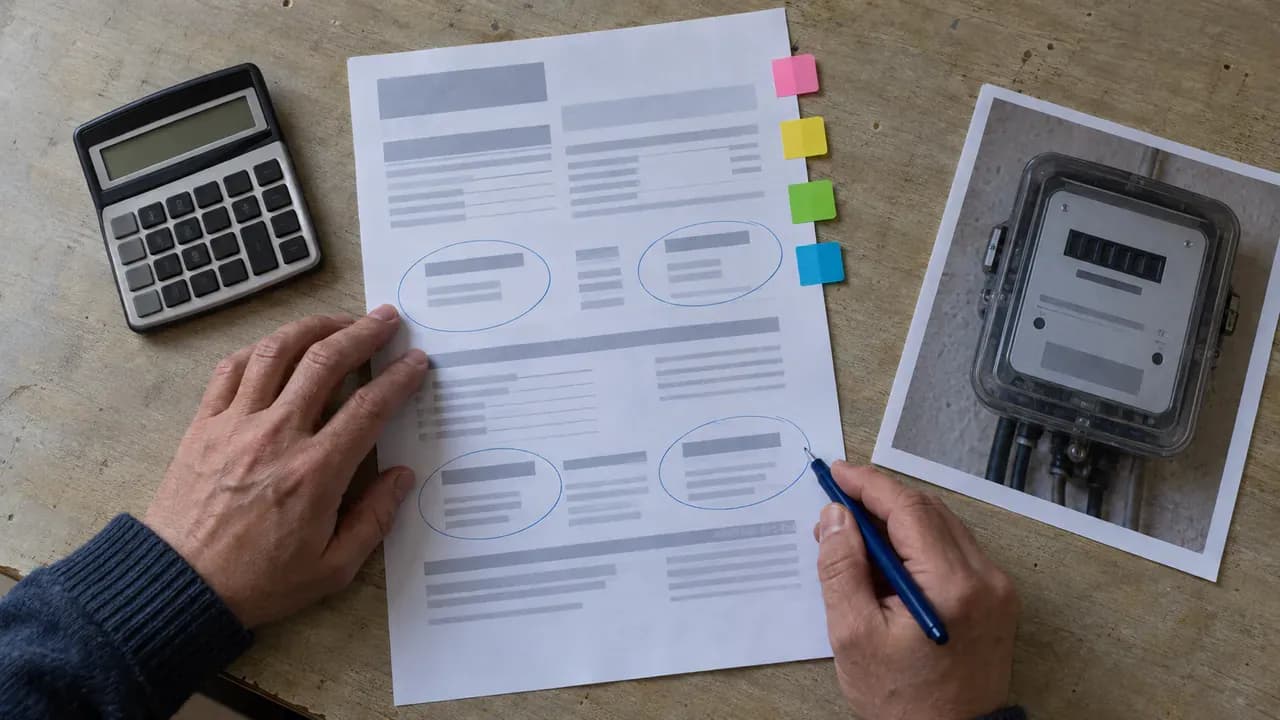 Două mâini verifică o factură anonimizată de energie, alături de un calculator și fotografia unui contor