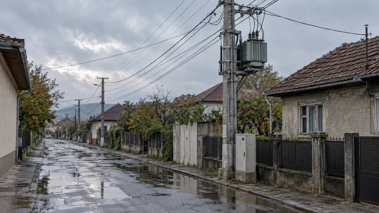 Stradă rezidențială din România după ploaie, cu stâlp, transformator și rețea electrică aeriană