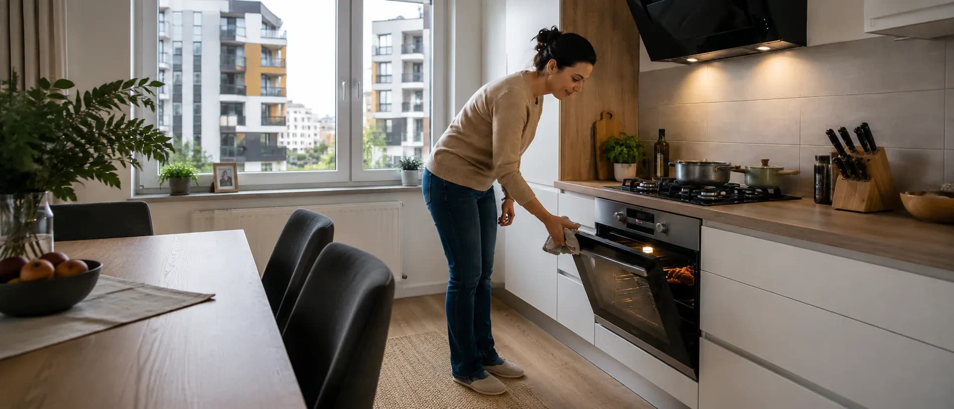 Femeie care gateste la cuptor intr-o bucatarie de apartament