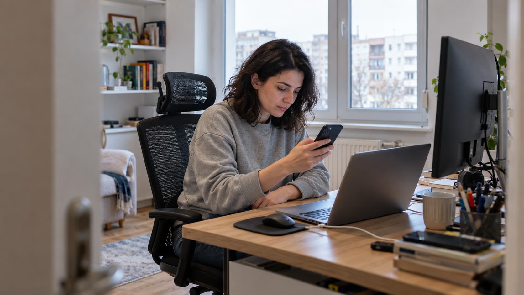 Profesionista independenta verifica telefonul la biroul dintr-un apartament de bloc.