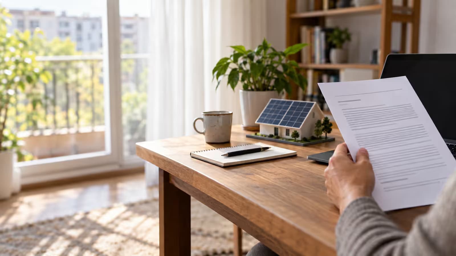 Documente și laptop pe un birou, lângă un mic panou solar