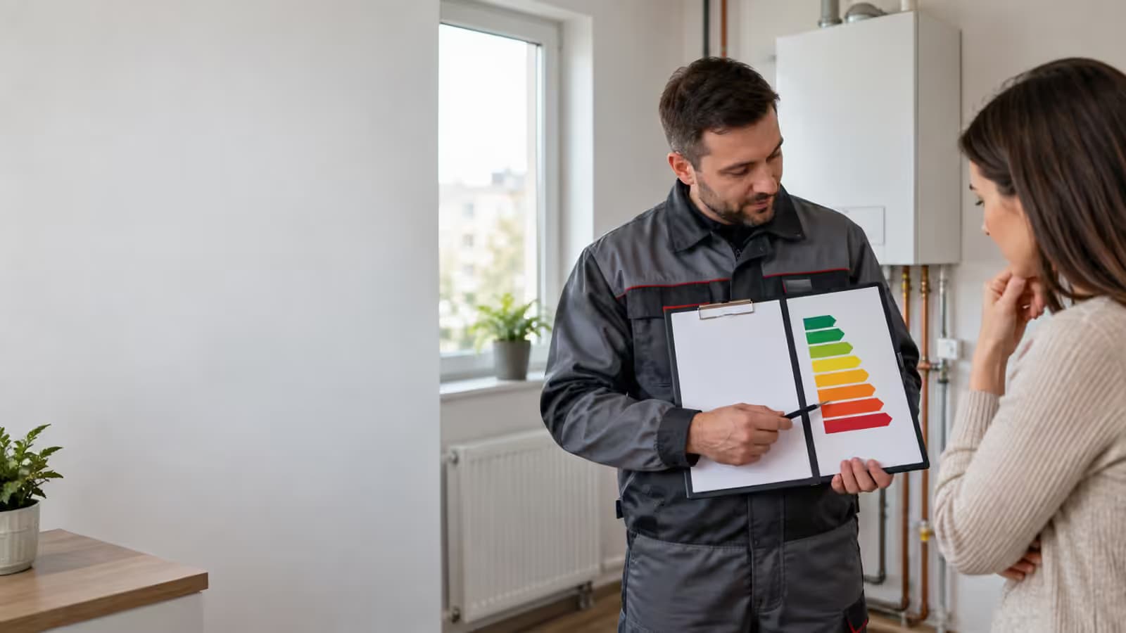 Ofertă de instalator pe clipboard, lângă o etichetă energetică și o centrală termică