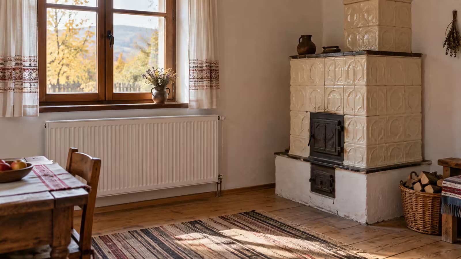 Cameră liniștită dintr-o casă, toamna, cu o sobă veche de teracotă și un calorifer alb sub fereastră