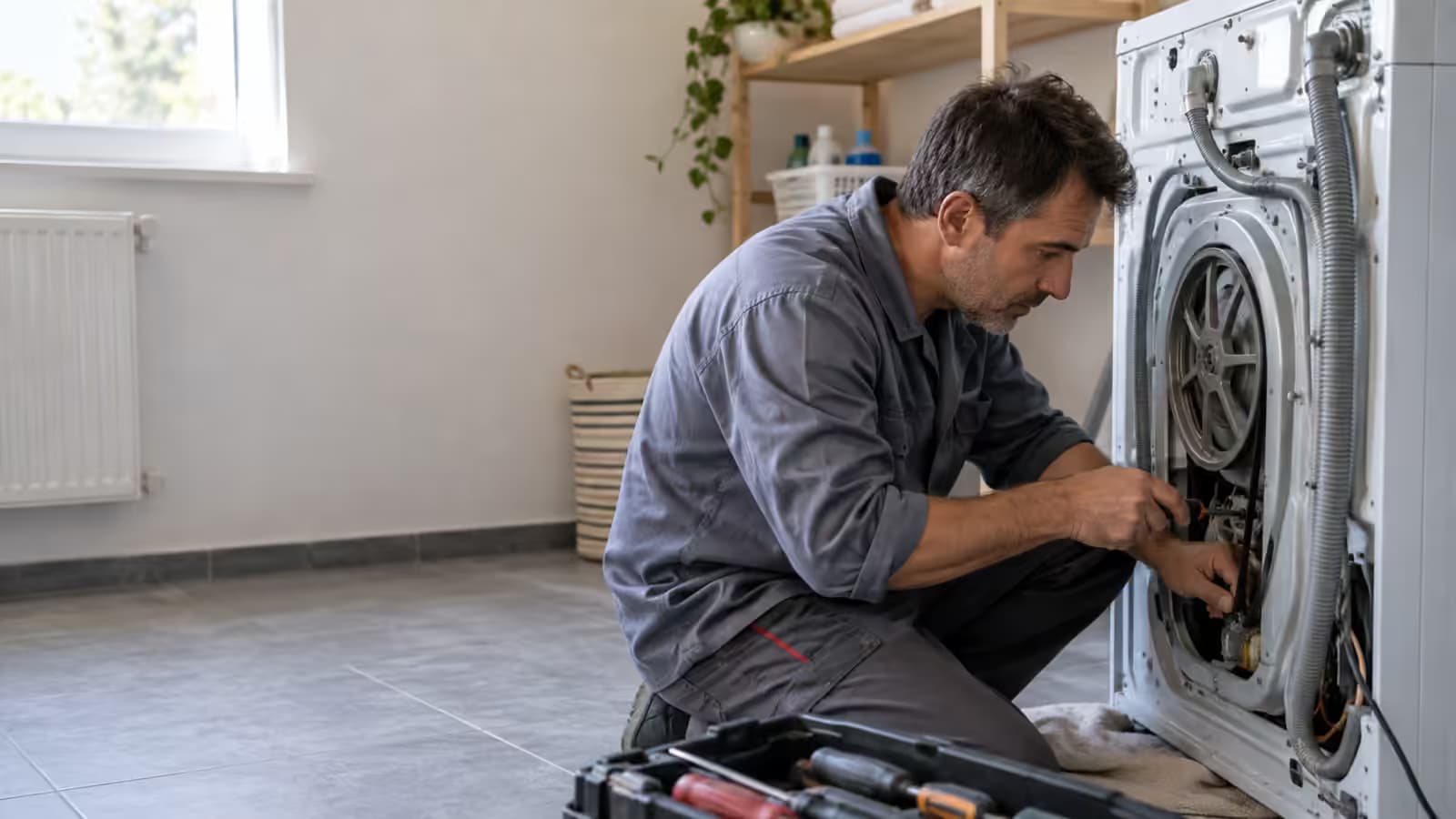 Tehnician care repară o mașină de spălat