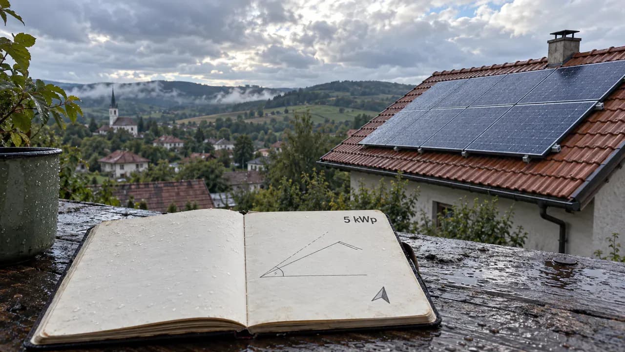 Sistem fotovoltaic de 5 kWp pe un acoperiș ud, cu schiță de unghi în prim-plan