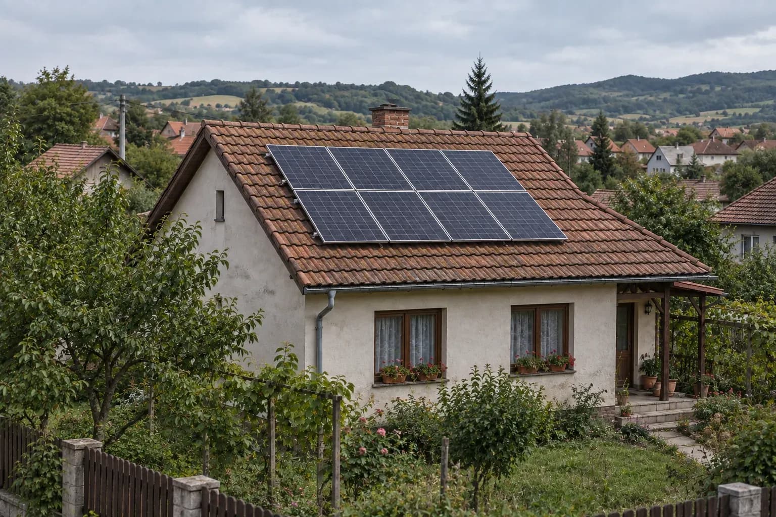 Casa cu panouri fotovoltaice pe acoperis