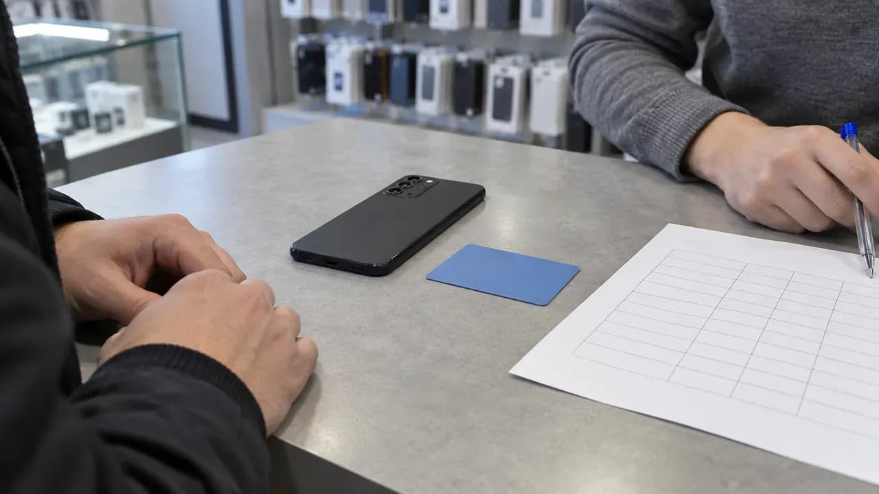 Telefon, card de identitate așezat cu fața în jos și grafic de rate la un ghișeu de magazin